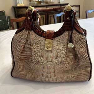 Brahmin Beige and Brown Croc-Embossed Shoulder Bag with Gold Hardware